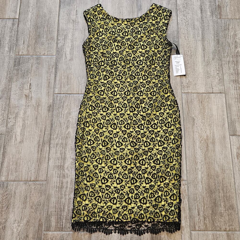 LYMAN BY FRANK LYMAN CITRUS Chartreuse DRESS Size 6 BLACK‎ LACE Sequin OVERLAY